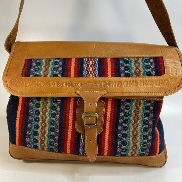 Vtg Saddle Blanket Crossbody Laptop Book Bag Messenger Hand Tooled Leather 14x12 - Picture 4 of 16